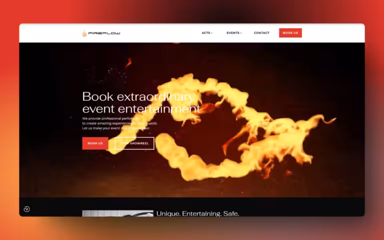 Screenshot of the Fireflow Entertainment website, designed and developed by WinuSoft using Oxygen Builder and Advanced Custom Fields. - WinuSoft | Oxygen Builder Developer & Top UK Web Development Company