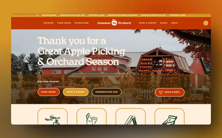 Screenshot of the Jonamac Orchard homepage, designed by Addelise, built and developed by WinuSoft using Breakdance Builder. WinuSoft | Breakdance Builder Developer & Top UK Web Development Company