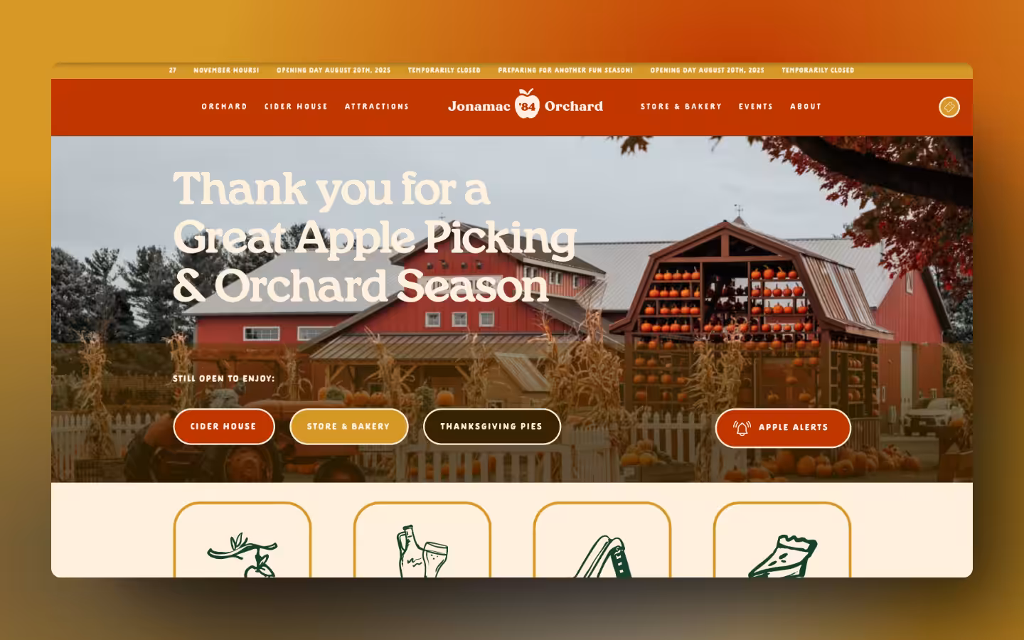 Screenshot of the Jonamac Orchard homepage, designed by Addelise, built and developed by WinuSoft using Breakdance Builder. WinuSoft | Breakdance Builder Developer & Top UK Web Development Company