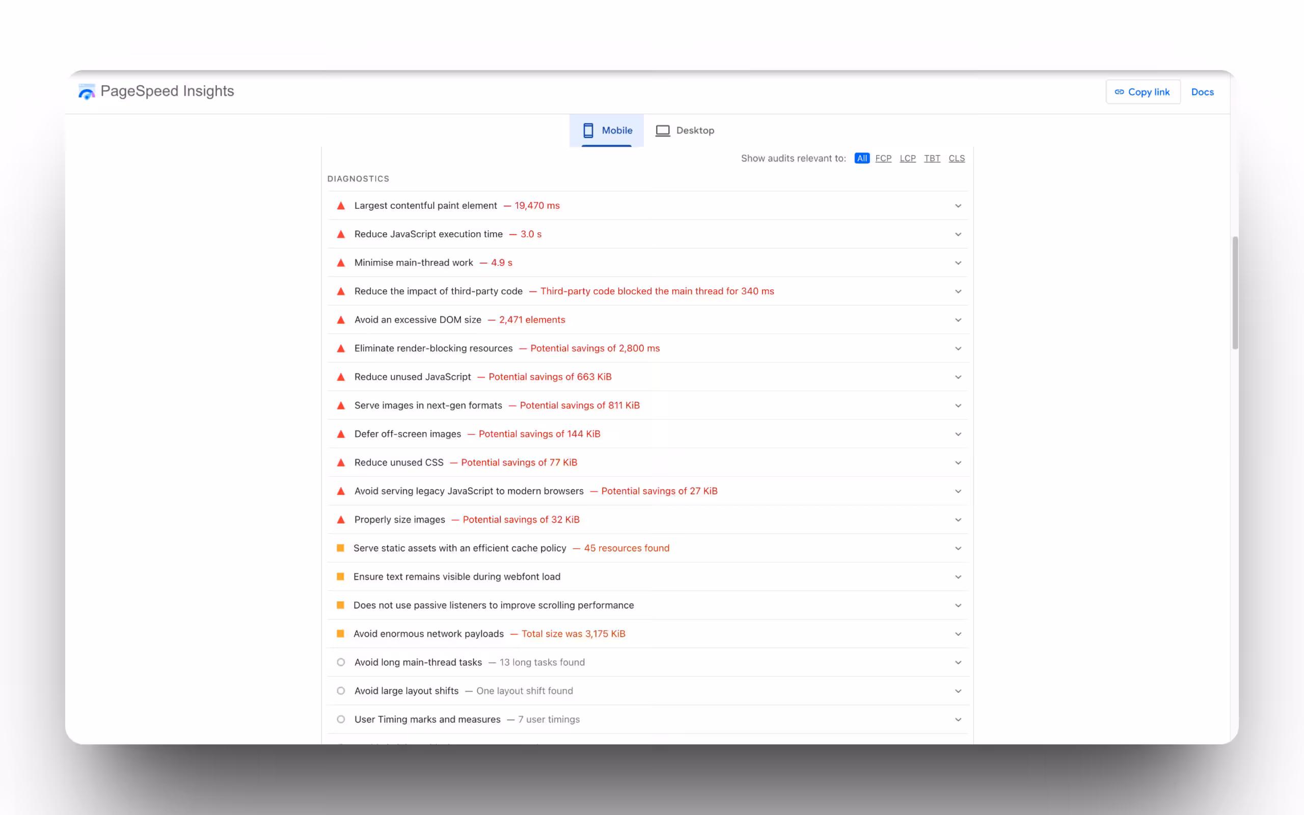 Screenshot showing performance suggestions. - WinuSoft | Top UK Web Development Consultancy Agency