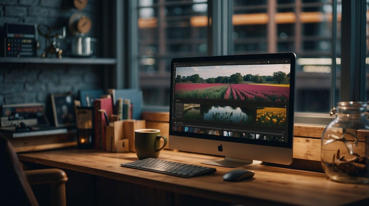 A modern workspace featuring a Mac editing a video, set on a wooden desk with a coffee. – WinuSoft | Top UK Web Development Company