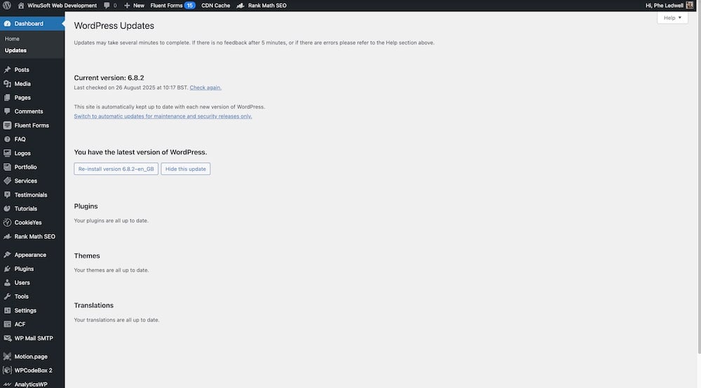 Screenshot showing that there are no pending updates for the website – WinuSoft | Web Hosting and Maintenance for WordPress Websites