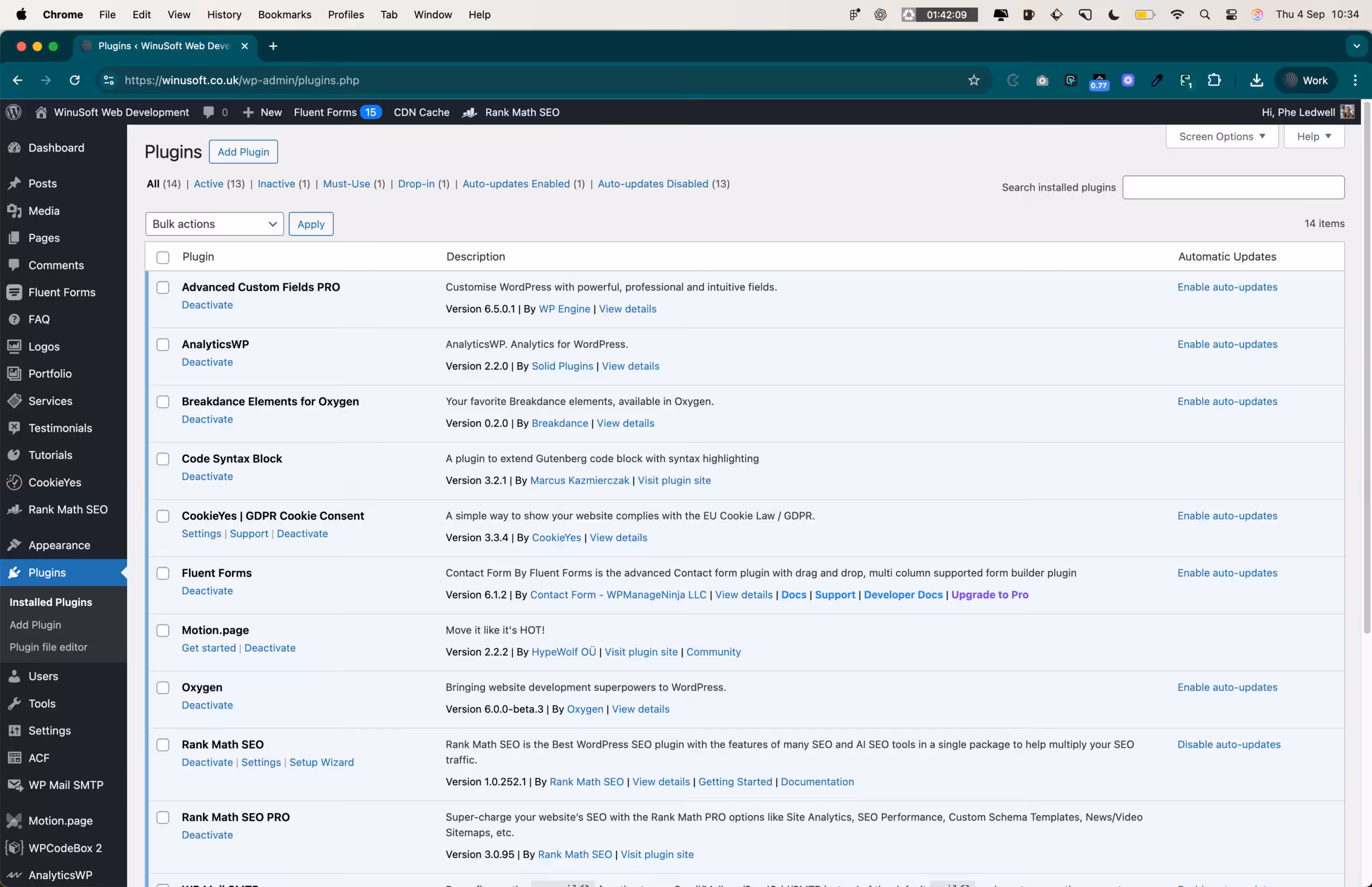 Screenshot showing the Plugins page on a WordPress website | WinuSoft Web Development, White Label Web Development Partner